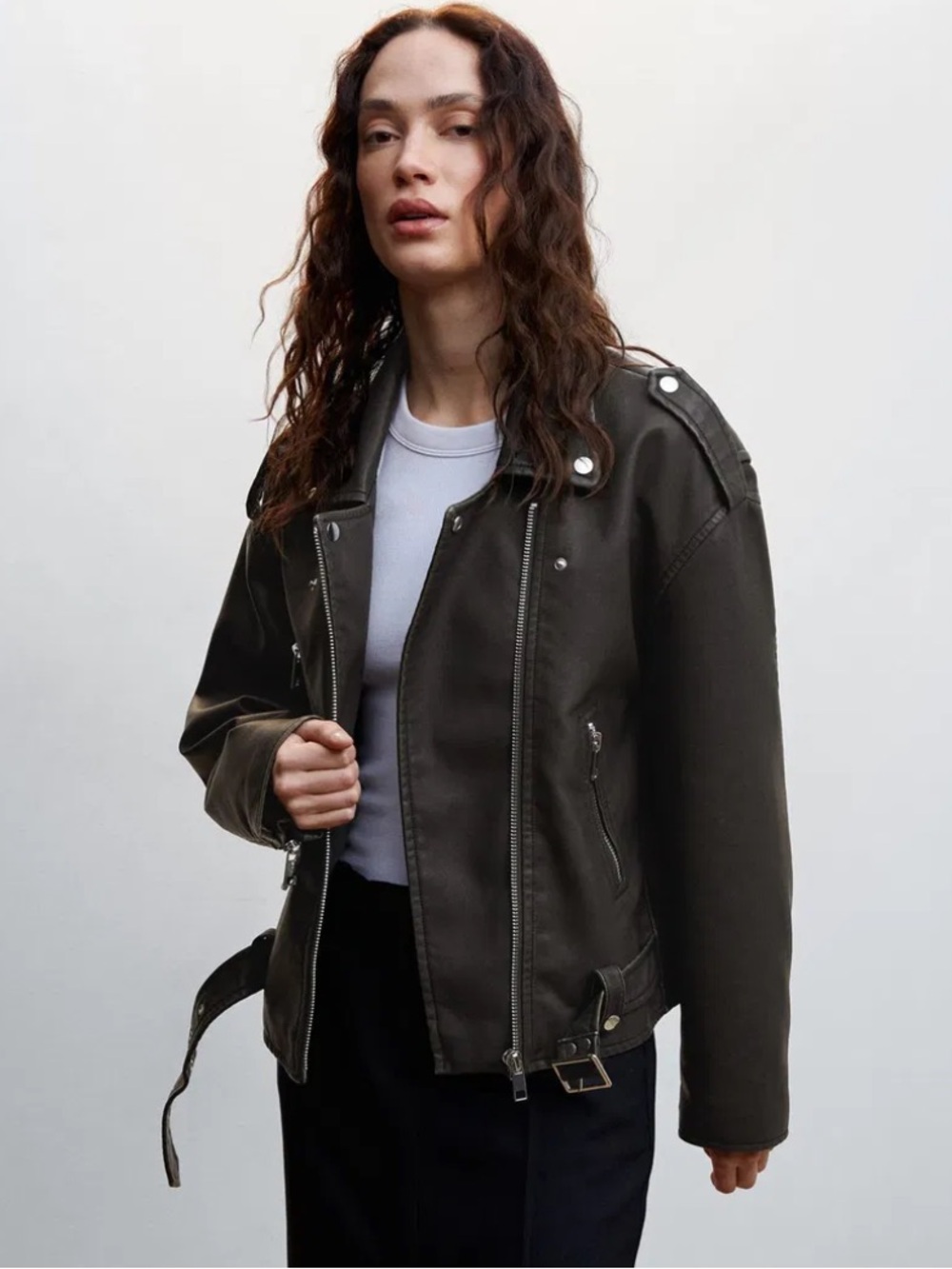 Mango Aurora Oversized Biker Moto Jacket Faux Vegan Leather Distressed Gray S